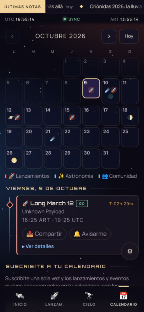 Captura de la app con el calendario de octubre de 2026 y los eventos marcados con íconos
