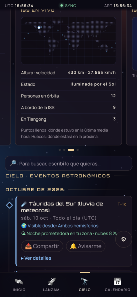 Captura de AVE con la posición de la Estación Espacial Internacional en vivo y el cielo de esta noche