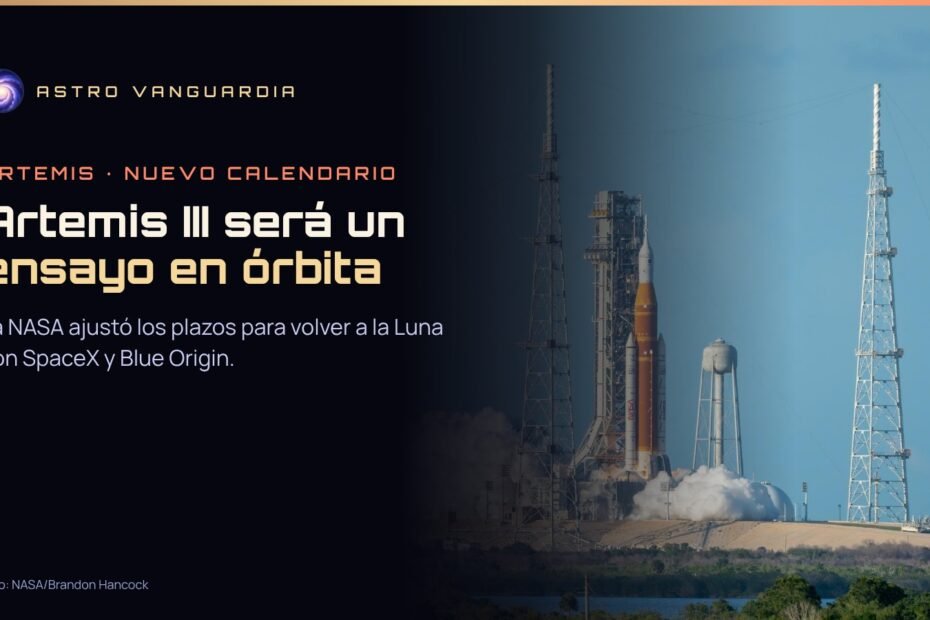 Portada con el cohete SLS y la nave Orion en la plataforma 39B y el título Artemis III será un ensayo en órbita