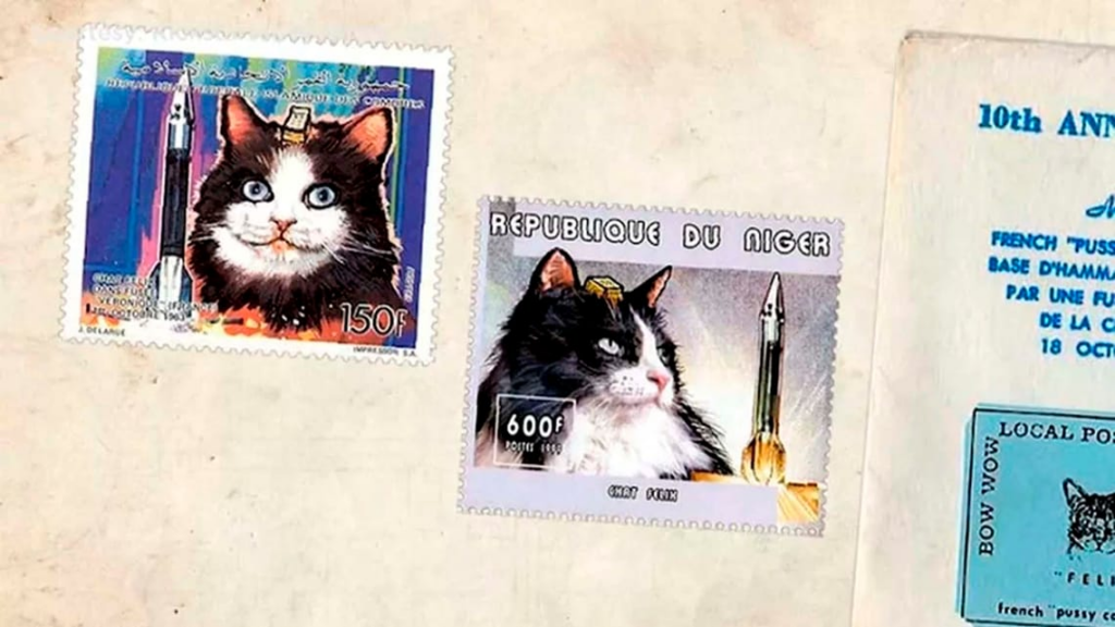 Dos sellos postales, de Comoras y de Níger, con ilustraciones de la gata y un cohete, rotulados como Félix