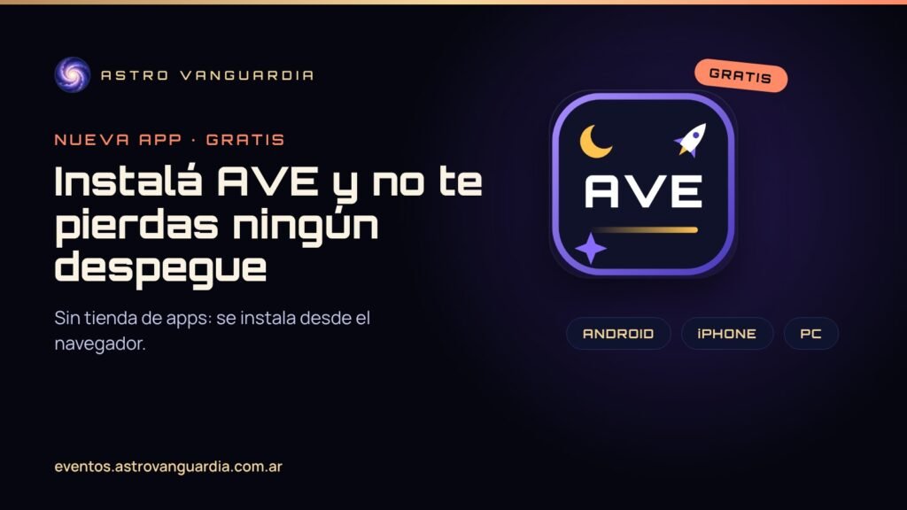 Ícono de la app AVE sobre fondo espacial, con las etiquetas Android, iPhone y PC y el cartel Gratis