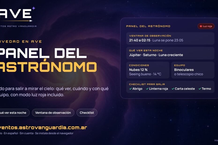 Portada con el Panel del astrónomo de AVE: ventana de observación, qué ver esta noche, condiciones, equipo y checklist