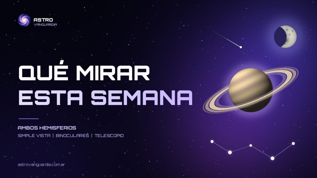Saturno, la Luna y un meteoro sobre el cielo nocturno con el título Qué mirar esta semana