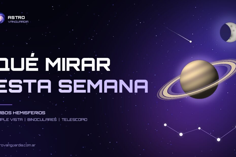 Saturno, la Luna y un meteoro sobre el cielo nocturno con el título Qué mirar esta semana