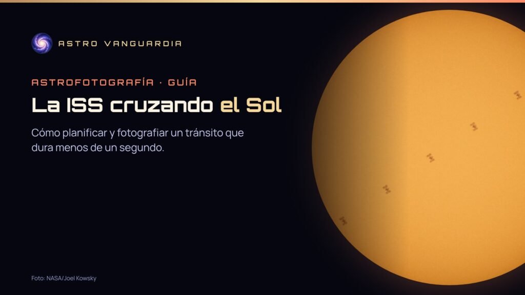 Portada con el Sol y la silueta de la Estación Espacial Internacional en seis posiciones, con el título La ISS cruzando el Sol