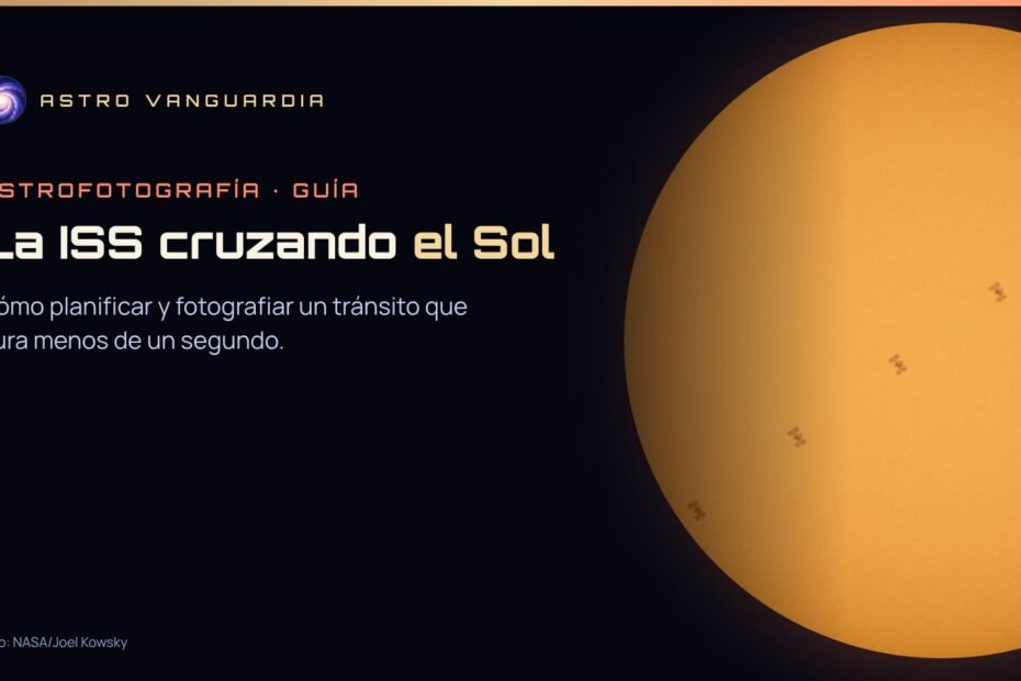 Portada con el Sol y la silueta de la Estación Espacial Internacional en seis posiciones, con el título La ISS cruzando el Sol