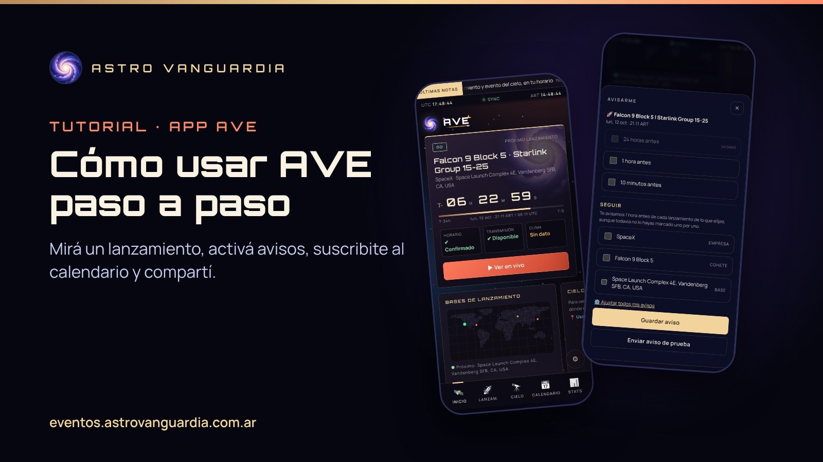 Portada del tutorial de AVE con capturas de la pantalla de inicio y del panel de avisos