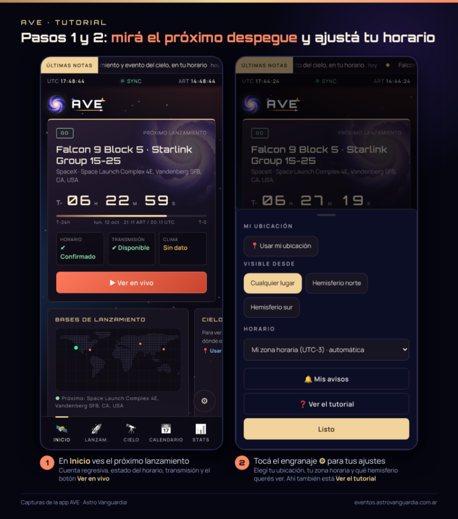 Capturas de AVE: la pantalla de inicio con el próximo lanzamiento y el panel de ajustes con ubicación, hemisferio y zona horaria