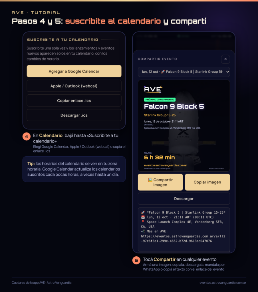 Capturas de AVE con las opciones para suscribirse al calendario y la pantalla para compartir un evento como imagen o texto